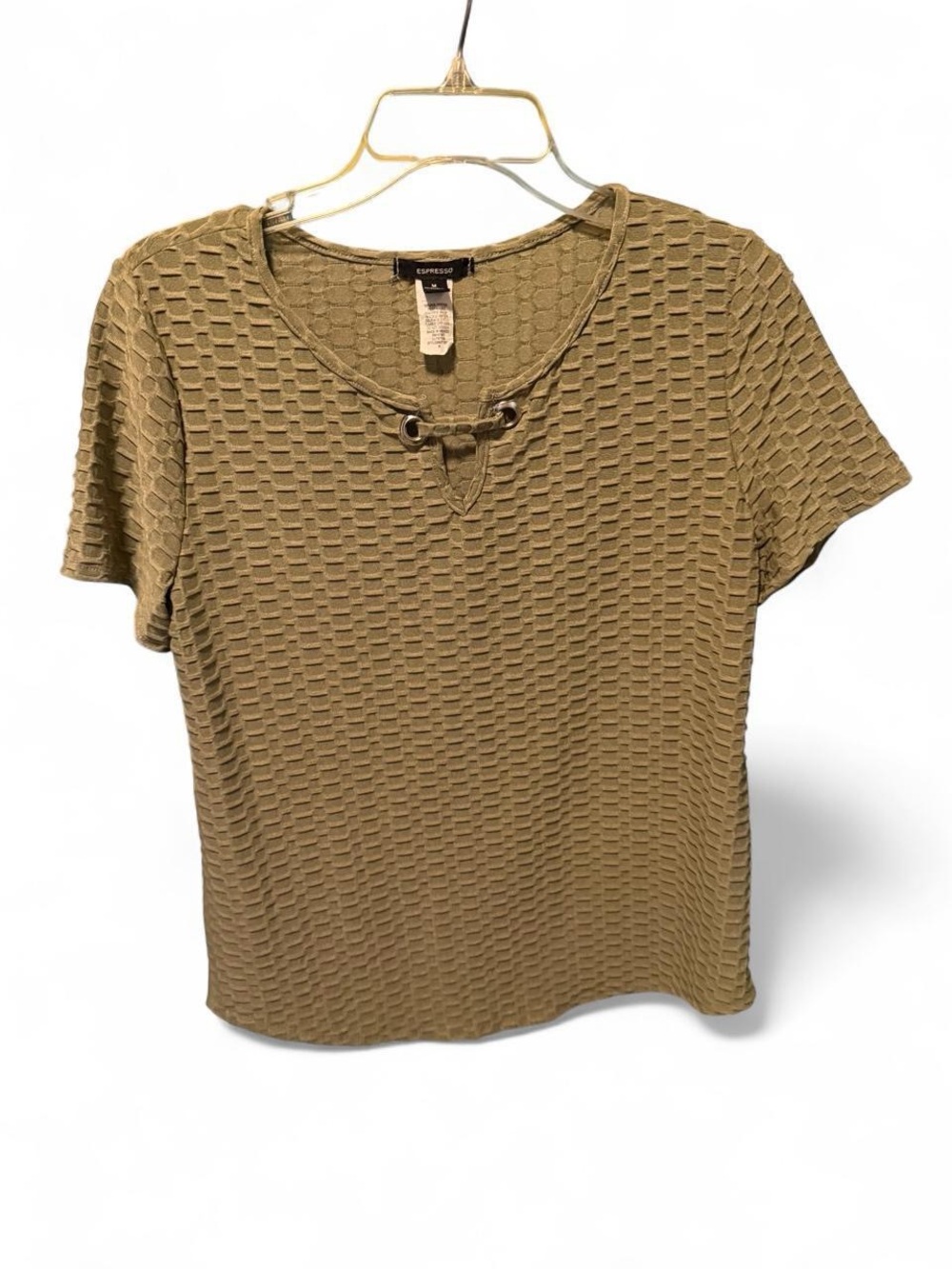 Espresso Olive Green Textured Short Sleeve Top with Grommet Detail